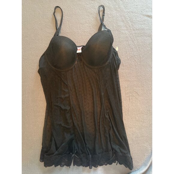 Bed of Roses Black 3X Lingerie Set Sheer Polka Dot Babydoll & Thong, Curvy, Lace - Picture 2 of 16